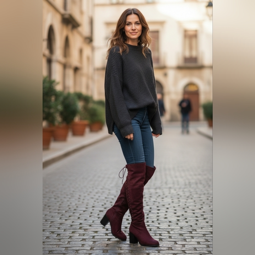 Soda Burgandy Faux Suede Over The Knee Boots High Heels Boots Size 7.5 New - Picture 2 of 14